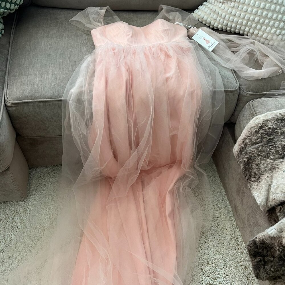 Blush Pink Tulle Off Shoulder Maternity Gown - Picture 3 of 12